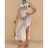 imageBsubseach Beach Cover Up Sexy V Neck Hollow Crochet Cover Up Sleeveless Side Slit Knit Beachwear Swimsuit Cover Up Long DressWhite