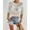 imageBsubseach Crochet Cover Up for Women Hollow Out Swimsuit Cover Ups Short Sleeve Knit Top Summer Beach OutfitsWhite