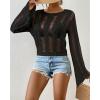 imageBsubseach Fall Sweaters for Women 2024 Hollow Out Long Bell Sleeve Casual Crochet Pullover Knit Crop Tops Vacation OutfitsBlack