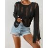 imageBsubseach Fall Sweaters for Women 2024 Hollow Out Long Bell Sleeve Casual Crochet Pullover Knit Crop Tops Vacation OutfitsBlack