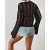 imageBsubseach Fall Sweaters for Women 2024 Hollow Out Long Bell Sleeve Casual Crochet Pullover Knit Crop Tops Vacation OutfitsBlack