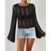 imageBsubseach Fall Sweaters for Women 2024 Hollow Out Long Bell Sleeve Casual Crochet Pullover Knit Crop Tops Vacation OutfitsBlack
