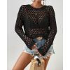 imageBsubseach Fall Sweaters for Women 2024 Hollow Out Long Bell Sleeve Casual Crochet Pullover Knit Crop Tops Vacation OutfitsBlack02