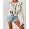imageBsubseach Fall Sweaters for Women 2024 Hollow Out Long Bell Sleeve Casual Crochet Pullover Knit Crop Tops Vacation OutfitsWhite