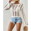 imageBsubseach Fall Sweaters for Women 2024 Hollow Out Long Bell Sleeve Casual Crochet Pullover Knit Crop Tops Vacation OutfitsWhite