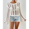 imageBsubseach Fall Sweaters for Women 2024 Hollow Out Long Bell Sleeve Casual Crochet Pullover Knit Crop Tops Vacation OutfitsWhite