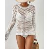 imageBsubseach Fall Sweaters for Women 2024 Hollow Out Long Bell Sleeve Casual Crochet Pullover Knit Crop Tops Vacation OutfitsWhite01