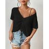 imageWomens Summer Crochet Tops Sexy V Neck Boho Drawstring Crop Top Off The Shoulder Short Sleeve Knit SweaterBlack