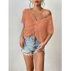 imageWomens Summer Crochet Tops Sexy V Neck Boho Drawstring Crop Top Off The Shoulder Short Sleeve Knit SweaterCoral Pink