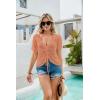imageWomens Summer Crochet Tops Sexy V Neck Boho Drawstring Crop Top Off The Shoulder Short Sleeve Knit SweaterCoral Pink