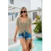 imageWomens Summer Crochet Tops Sexy V Neck Boho Drawstring Crop Top Off The Shoulder Short Sleeve Knit SweaterKhaki