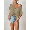 imageWomens Summer Crochet Tops Sexy V Neck Boho Drawstring Crop Top Off The Shoulder Short Sleeve Knit SweaterKhaki
