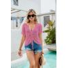 imageWomens Summer Crochet Tops Sexy V Neck Boho Drawstring Crop Top Off The Shoulder Short Sleeve Knit SweaterRose Red