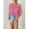 imageWomens Summer Crochet Tops Sexy V Neck Boho Drawstring Crop Top Off The Shoulder Short Sleeve Knit SweaterRose Red