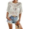 imageBsubseach Crochet Cover Up for Women Hollow Out Swimsuit Cover Ups Short Sleeve Knit Top Summer Beach OutfitsWhite