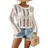 imageBsubseach Fall Sweaters for Women 2024 Hollow Out Long Bell Sleeve Casual Crochet Pullover Knit Crop Tops Vacation OutfitsWhite