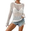 imageBsubseach Fall Sweaters for Women 2024 Hollow Out Long Bell Sleeve Casual Crochet Pullover Knit Crop Tops Vacation OutfitsWhite01