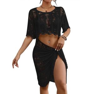 imageBsubseach 2 Piece Swimsuit Cover Up Set for Women Crochet Coverups Hollow Out Wrap Skirt OutfitsBlack