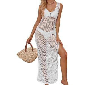 imageBsubseach Bathing Suit Cover Up for Women Hollow Out Crochet Cover Up Bikini Swimsuit Coverup Long Beach DressesWhite