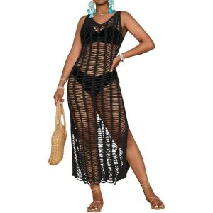 imageBsubseach Beach Cover Up Sexy V Neck Hollow Crochet Cover Up Sleeveless Side Slit Knit Beachwear Swimsuit Cover Up Long DressBlack