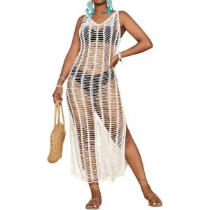 imageBsubseach Beach Cover Up Sexy V Neck Hollow Crochet Cover Up Sleeveless Side Slit Knit Beachwear Swimsuit Cover Up Long DressWhite