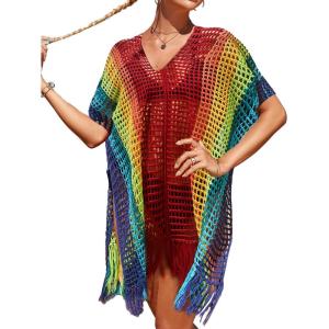 imageBsubseach Beach Crochet Dress Bathing Suit Cover Ups Sexy Coverup for Swimwear Women Summer OutfitRainbow
