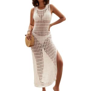imageBsubseach Crochet Beach Cover Up Dresses for Women Sleeveless Swimsuit Cover Ups Long Knit Bathing Suit Swim DressWhite
