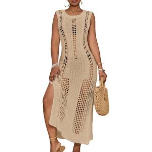 imageBsubseach Crochet Beach Cover Ups for Women Sleeveles Swimsuit Coverups Hollow Out Summer Knit Bikini BeachwearApricot