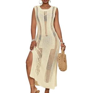 imageBsubseach Crochet Beach Cover Ups for Women Sleeveles Swimsuit Coverups Hollow Out Summer Knit Bikini BeachwearBeige