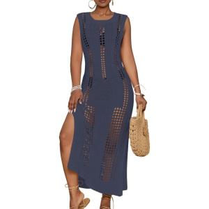 imageBsubseach Crochet Beach Cover Ups for Women Sleeveles Swimsuit Coverups Hollow Out Summer Knit Bikini BeachwearDark Blue