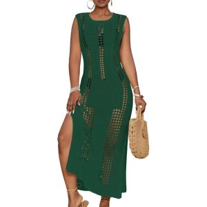imageBsubseach Crochet Beach Cover Ups for Women Sleeveles Swimsuit Coverups Hollow Out Summer Knit Bikini BeachwearDeep Green