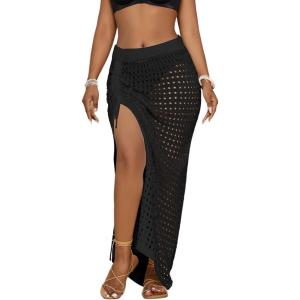 imageBsubseach Crochet Cover Up Skirt 2024 Knit Drawstring Long Coverups for Swimwear Women Elastic Waist Beach Wrap SLBlack