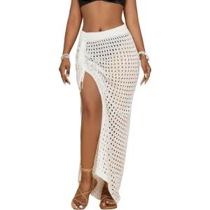 imageBsubseach Crochet Cover Up Skirt 2024 Knit Drawstring Long Coverups for Swimwear Women Elastic Waist Beach Wrap SLWhite