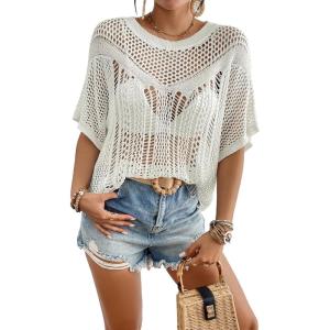 imageBsubseach Crochet Cover Up for Women Hollow Out Swimsuit Cover Ups Short Sleeve Knit Top Summer Beach OutfitsWhite