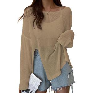 imageBsubseach Crochet Cover Ups for Swimwear Women Sheer Mesh Beach Tops Swimsuit Cover Up Summer Vacation OutfitsLight Camel