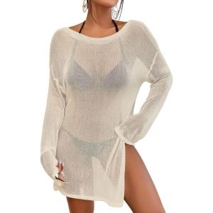 imageBsubseach Crochet Swimsuit Coverup for Women Sheer Bathing Suit Cover Ups Kintted Swimwear Bikini Beach Vacation OutfitsApricot