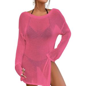 imageBsubseach Crochet Swimsuit Coverup for Women Sheer Bathing Suit Cover Ups Kintted Swimwear Bikini Beach Vacation OutfitsRose Red