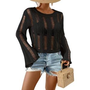 imageBsubseach Fall Sweaters for Women 2024 Hollow Out Long Bell Sleeve Casual Crochet Pullover Knit Crop Tops Vacation OutfitsBlack