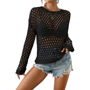 imageBsubseach Fall Sweaters for Women 2024 Hollow Out Long Bell Sleeve Casual Crochet Pullover Knit Crop Tops Vacation OutfitsBlack02
