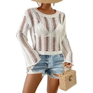 imageBsubseach Fall Sweaters for Women 2024 Hollow Out Long Bell Sleeve Casual Crochet Pullover Knit Crop Tops Vacation OutfitsWhite
