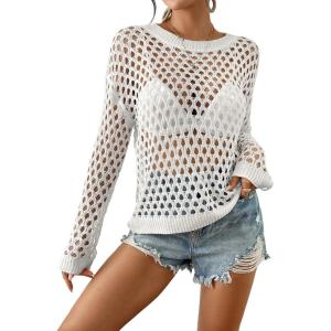 imageBsubseach Fall Sweaters for Women 2024 Hollow Out Long Bell Sleeve Casual Crochet Pullover Knit Crop Tops Vacation OutfitsWhite01