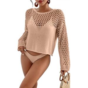 imageBsubseach Swimsuit Coverup for Women Knitted Beach Cover Up Long Sleeve Crochet TopsApricot