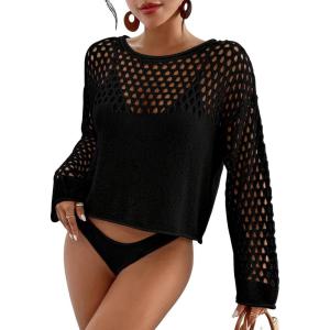 imageBsubseach Swimsuit Coverup for Women Knitted Beach Cover Up Long Sleeve Crochet TopsBlack