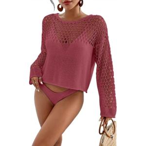 imageBsubseach Swimsuit Coverup for Women Knitted Beach Cover Up Long Sleeve Crochet TopsHot Pink