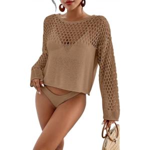 imageBsubseach Swimsuit Coverup for Women Knitted Beach Cover Up Long Sleeve Crochet TopsKhaki