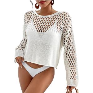 imageBsubseach Swimsuit Coverup for Women Knitted Beach Cover Up Long Sleeve Crochet TopsWhite