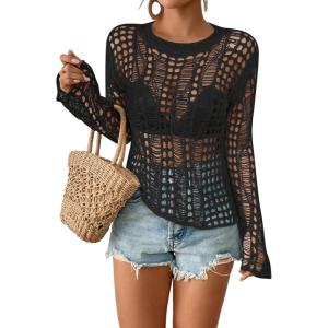 imageBsubseach Women Bikini Cover Up See Through Crochet Top Hollow Out Bathing Suit CoverupsBlack