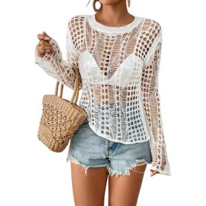 imageBsubseach Women Bikini Cover Up See Through Crochet Top Hollow Out Bathing Suit CoverupsWhite