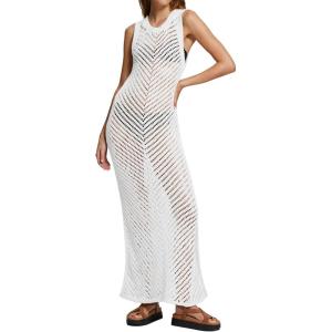 imageBsubseach Women Crochet Swimsuit Cover Up Sleeveless Hollow Out Long Swim Coverup Beach DressWhite