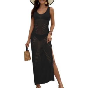 imageBsubseach Women Swimsuit Cover Up Crochet Hollow Out Coverups Sleeveless Knit Beach DressBlack